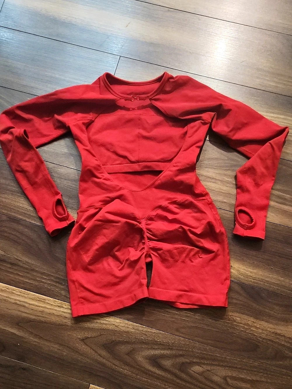 Popilush Shapewear Seamless Thumb Hole Long Sleeve Jumpsuit Red